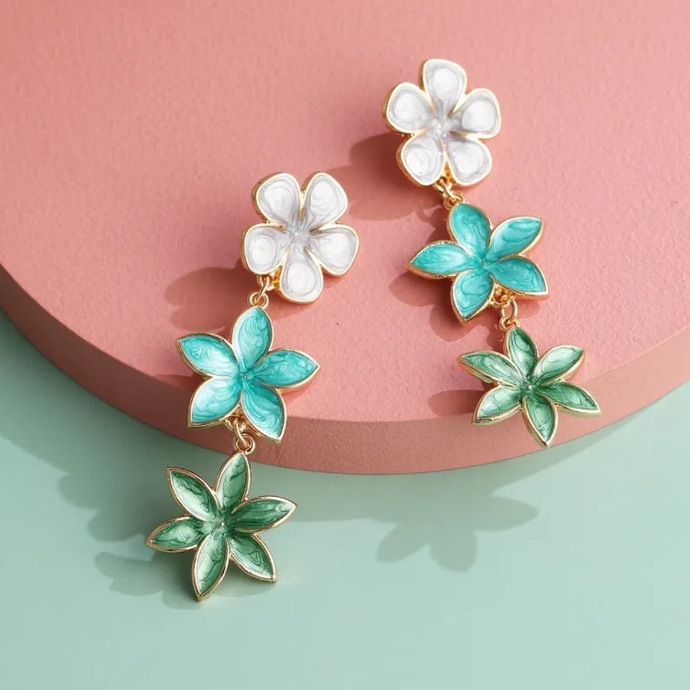 Floral Three Tier Gray Blue Green Flower Drip Oil Enamel Drop Earrings NEW